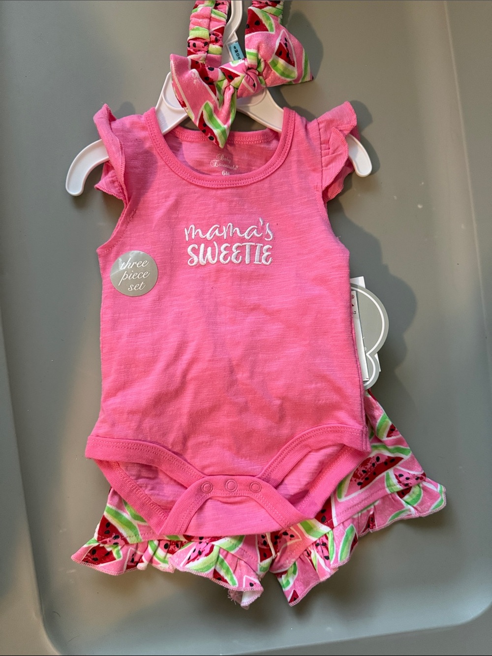 Pink "Mama's Sweetie" Baby Romper with Watermelon Ruffle Shorts and Headband